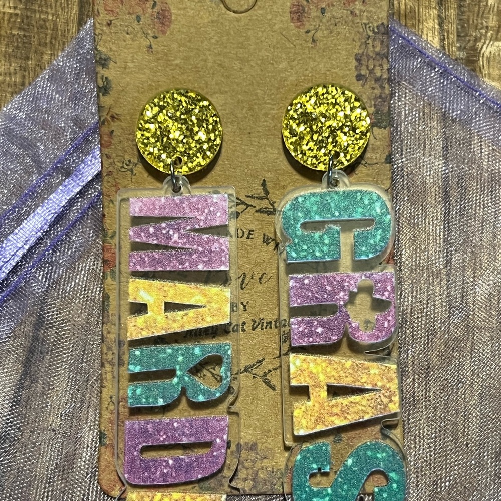 Glittery Mardi Gras Acrylic Earrings